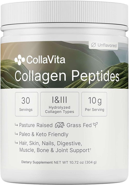 Collagen Peptides Powder Grass-Fed Pasture-Raised Hydrolyzed Collagen Powder, Type I & III Hair, Nails, Skin and Joints, Non-GMO, Paleo & Keto, Unflavored, 10 Fl oz. 30 Servings