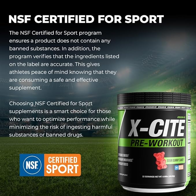 X-CITE Pre-Workout by ATHLEAN-X - Enhanced Formula with Beta-Alanine, Creatine & Caffeine for Ultimate Energy, Endurance, Focus & Muscle Pump, NSF Certified for Sports (22 Servings, Sour Gummy Bear)