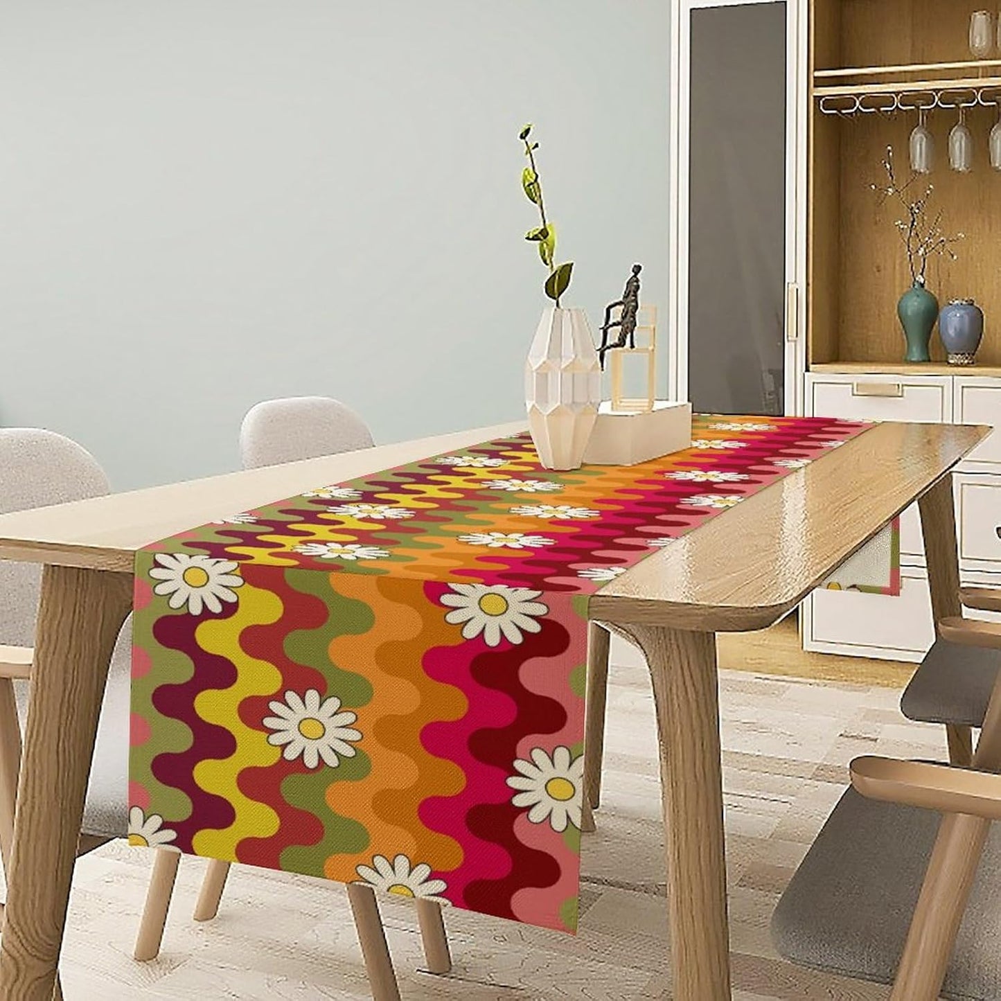 Vintage Floral Table Runner,60s 70s Colorful Retro Abstract Hippie Print Table Runner for Kitchen Dining Table Home Party Decoration 13x120 Inch