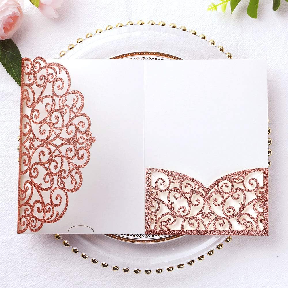 PONATIA 5.12 X 7.2 Rose Gold Glitter Wedding Invitations, 20PCS Tri-Fold Laser Cut Invitations Pockets With Envelopes For Wedding Bridal Shower Engagement Quinceanera Invitations (No Inner Sheet)