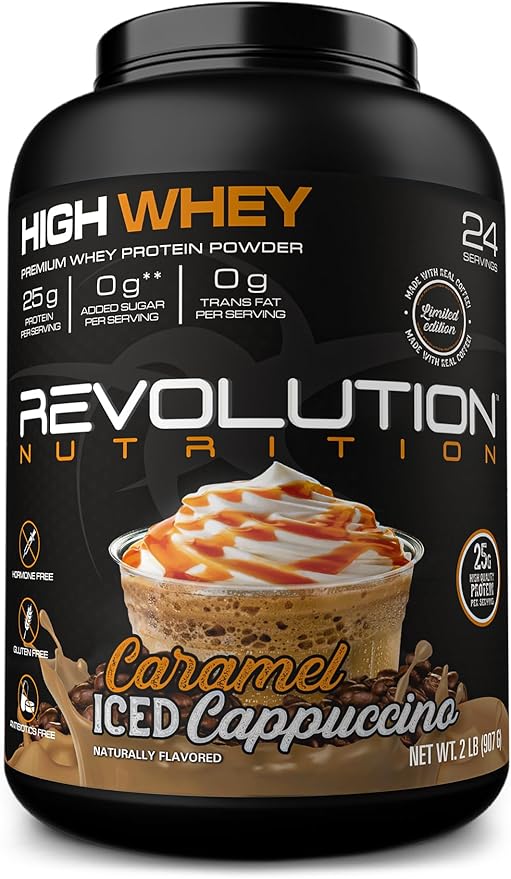 High Whey, Protein Powder 2LB, Whey Isolate, Gluten Free, Lean Muscle Mass for Men & Women, 25g of Protein Per Scoop, 908 g, 24 Servings (Caramel Iced Cappuccino, 2 Pound)