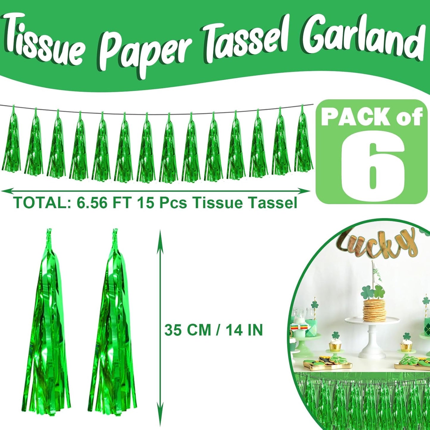 6P Green Foil Fringe Metallic Tassel Streamers Banner Tassel Garland for Parade Floats, Bachelorette, Wedding, Birthday, Graduation, Christmas, Bridal/Baby Shower Party Decorations