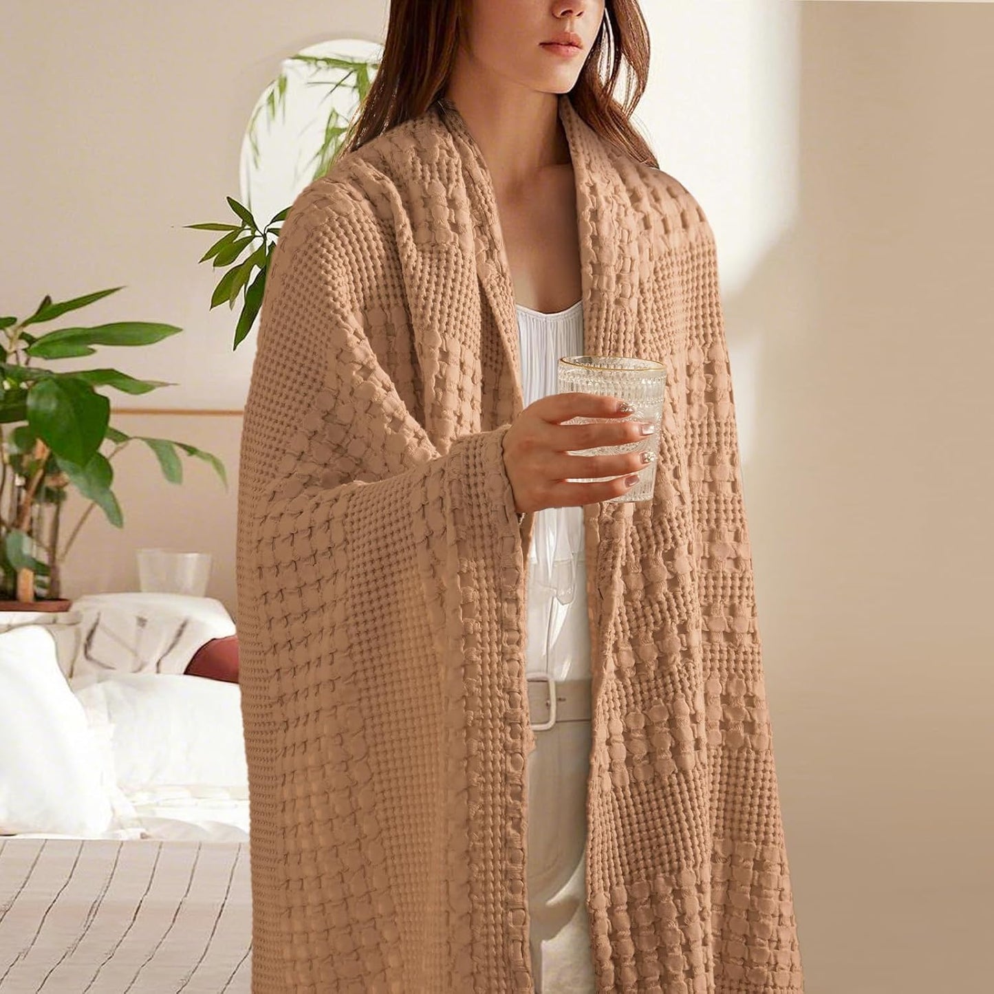 PHF 100% Cotton Waffle Weave Throw Blanket, Soft Lightweight Breathable Cozy Throws for Couch Bed Sofa, Luxury Aesthetic Woven Blanket for Home Decor & Office, 50"x60", Camel