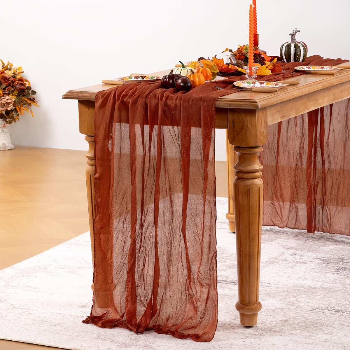 Terracotta Cheesecloth Table Runner 4 Pack Fall Burnt Orange Cheese Cloth Table Runners 120 Inches Rust Thanksgiving Fall Table Decorations for Friendsgiving Wedding Bridal Baby Shower Party