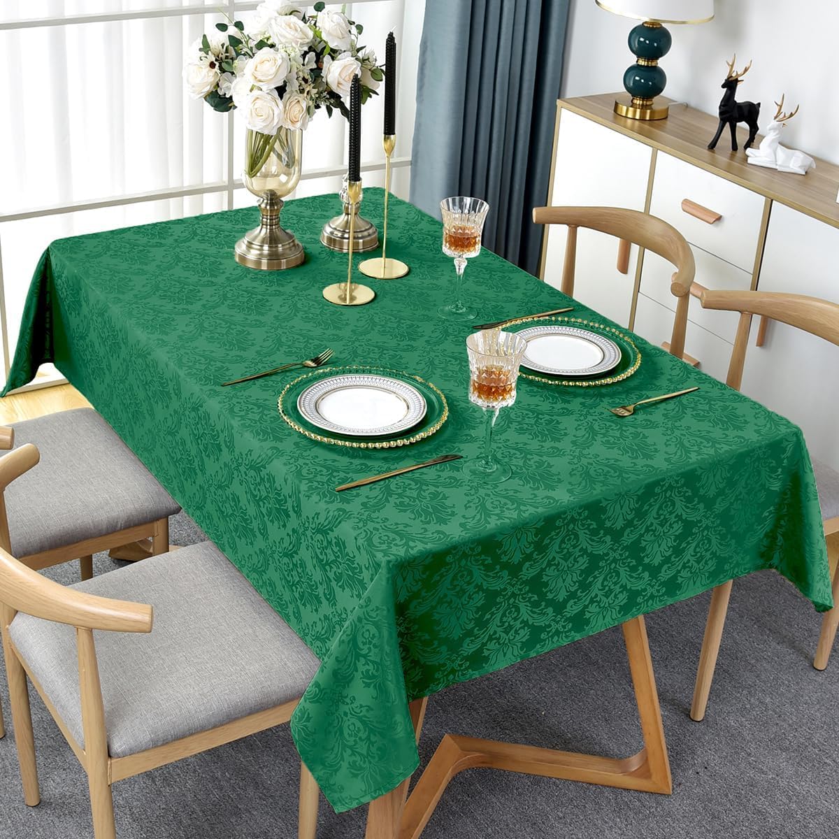 Jacquard Tablecloth Rectangle 60 x 120 Inch, Spill Proof Wrinkle Free Polyester Table Cloth, Durable Fabric Damask Table Cover for Dinning, Holiday, Party, Winter, Green