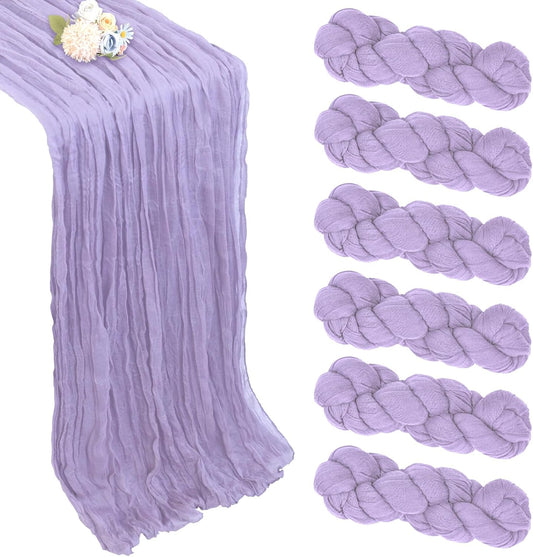 6 Pack Lilac Purple Table Runner 10ft Boho Gauze Fabric Cheesecloth Table Runner 35 x 120 Inch Rustic Sheer Runner for Romantic Wedding Decor Baby Shower Party Table Centerpiece Decoration