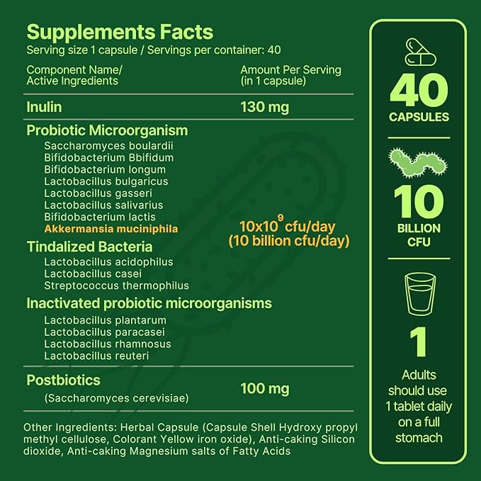 Akkermansia Muciniphila + Probiotic, Postbiotic & Inulin - Gut Health Supplement for Digestion, Immune Support - 10 Billion CFU, Vegan & Gluten-Free