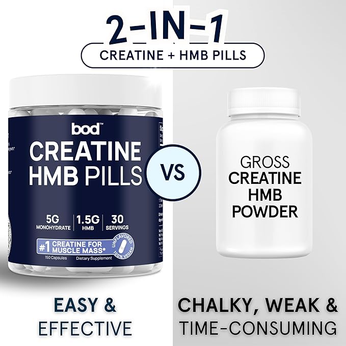 BOD Creatine HMB Capsules, Creatine Monohydrate Powder with HMB for Muscle Growth, Increased Strength, Energy, and Performance - No Bloat, No Load, Unflavored, Vegan, 150 Capsules, 30 SVG