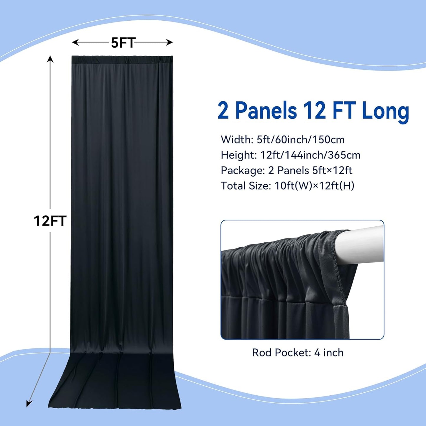 10x12ft Wrinkle Free Black Backdrop Curtain for Wedding Parties, 2 Panels 5×12 ft Long Soft Silky Polyester Fabric Backdrop Drapes Black Photo Back Drop Curtains for Party Photography Background Cloth