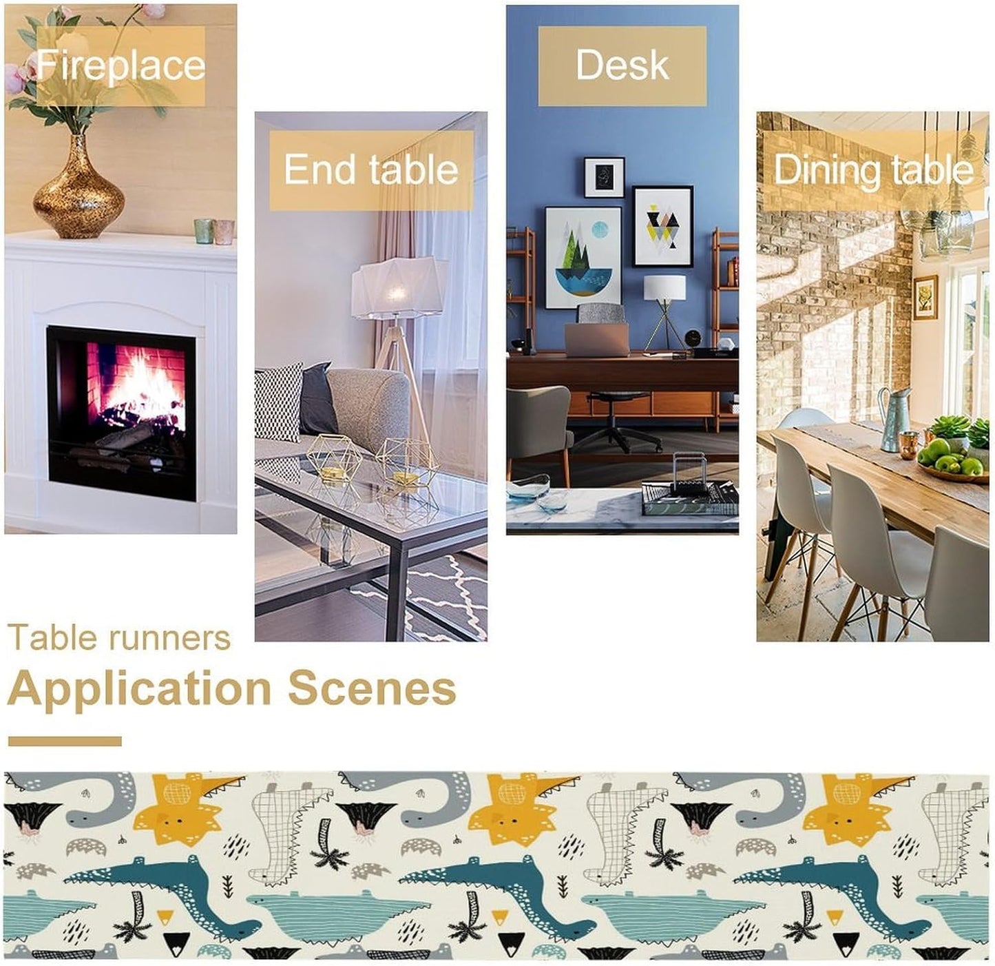 Cartoon Dinosaur Table Runner,Kids Boys Cute Various Dino Moutain Modern Abstract Print Tablecloth Burlap for Hotel Indoors Outdoor Dining Room Kitchen Holiday Party, 13x108in