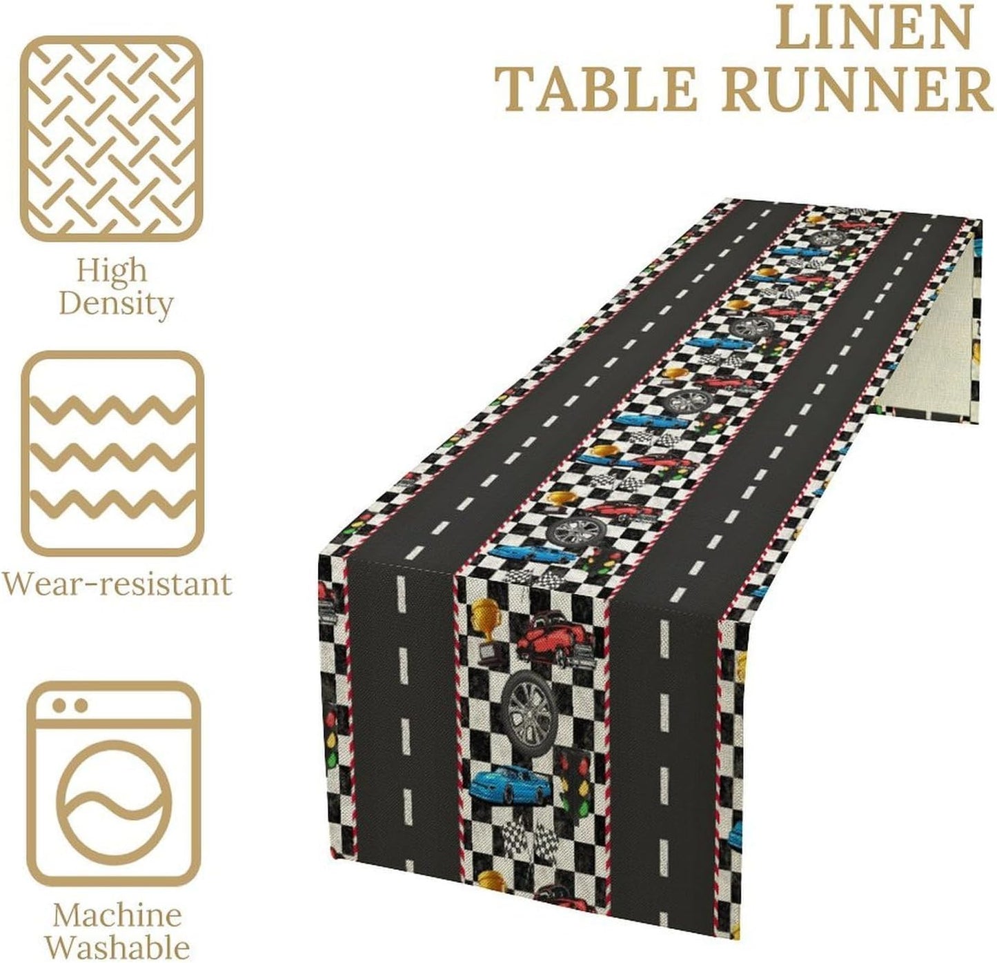 Race Car Table Runner,Checkered Flag Black and White Race Cars Pattern Print Tablecloth Burlap for Hotel Indoors Outdoor Dining Room Kitchen Home Decor,W13X L70 in