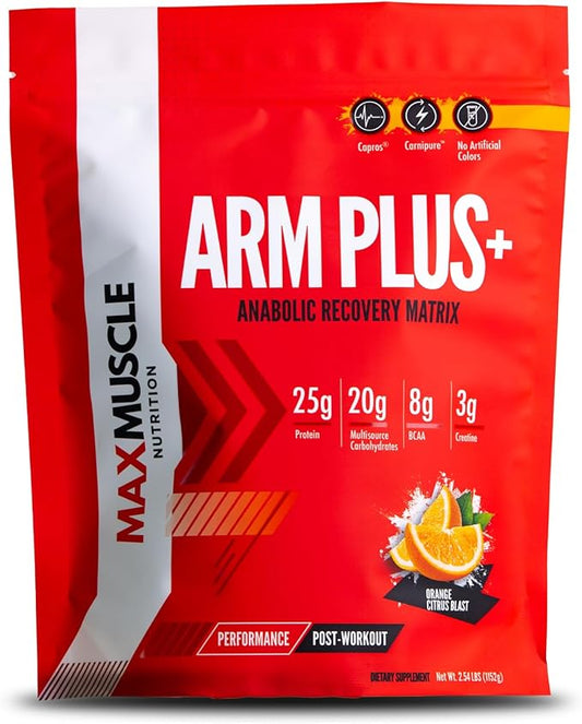 Max Muscle Arm Plus+ Anabolic Recovery Matrix | 25g Whey Protein, 8g Bcaas, 3g Creatine Monohydrate | Amino Acids, Antioxidants, Glutamine, Electrolytes (Orange Citrus Blast, 2.54 lb)