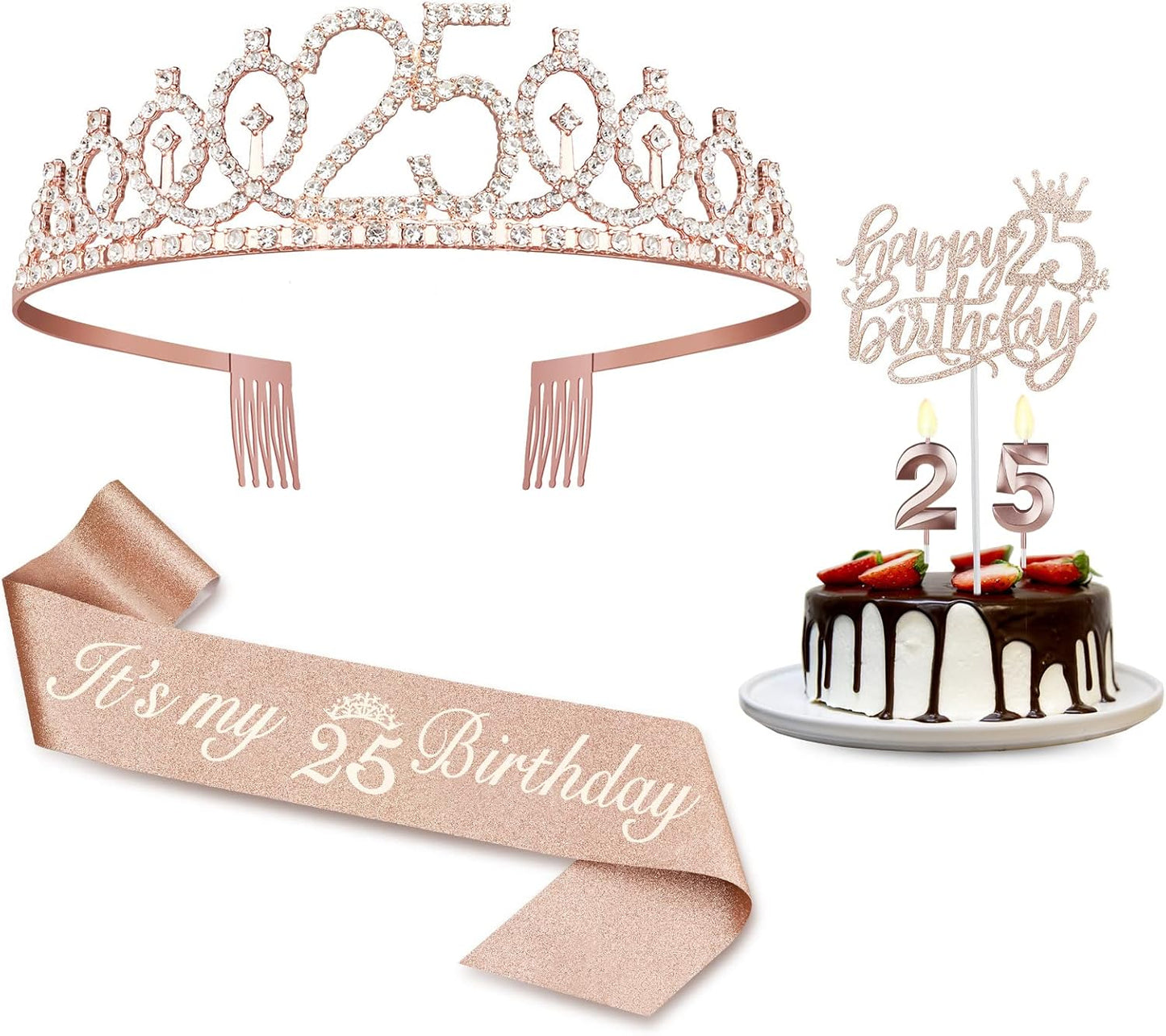 25th Birthday Decorations for Women Including Sash, Tiara/Crown, Numeral Candles and Cake Topper, 25th Birthday Gifts for Women, Rose Gold Party Favor Supplies