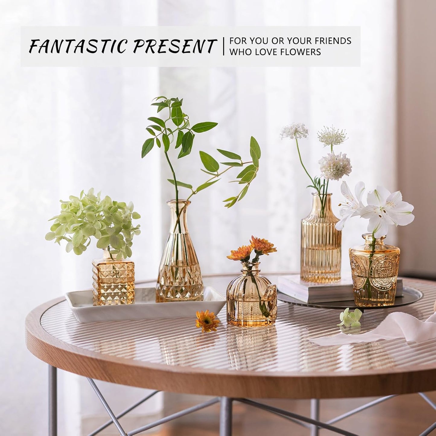 12pcs Glass Bud Vase Set, Small Gold Amber Flower Vases for Centerpieces in Bulk, Mini Vintage Vase for Wedding, Home,Table Decoration