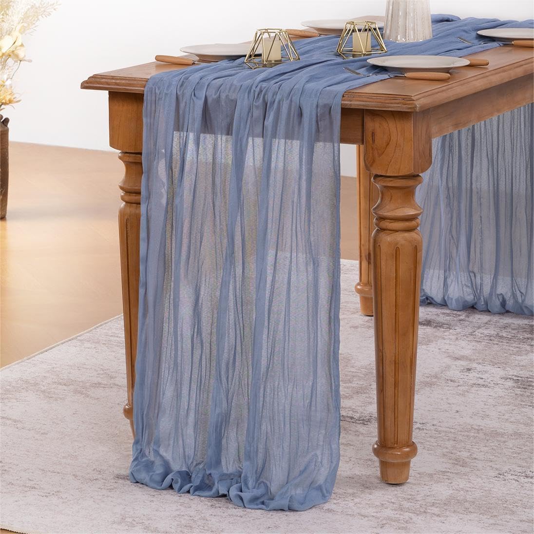 MLMW Dusty Blue Table Runner Cheesecloth Gender Reveal Boho Gauze Rustic Cheese Cloth Table Runner 160 inch Sheer 13.3ft for Wedding Party Baby Bridal Shower Birthday
