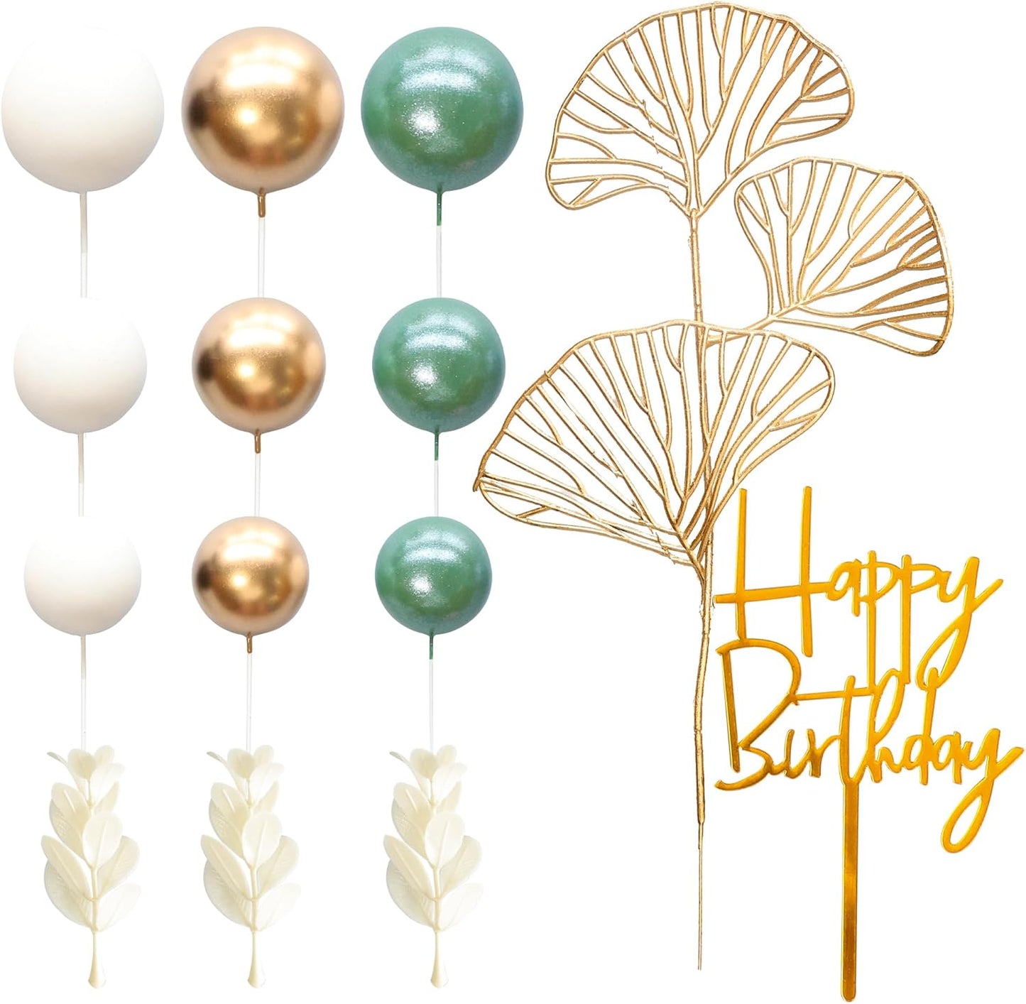 Gyufise 57Pcs Balls Cake Topper Boho Grass Cake topper Pearl Balls Acrylic Happy Birthday Cake Decorations for Wedding Baby Shower Birthday Boho Themed Party Supplies Pearl Green