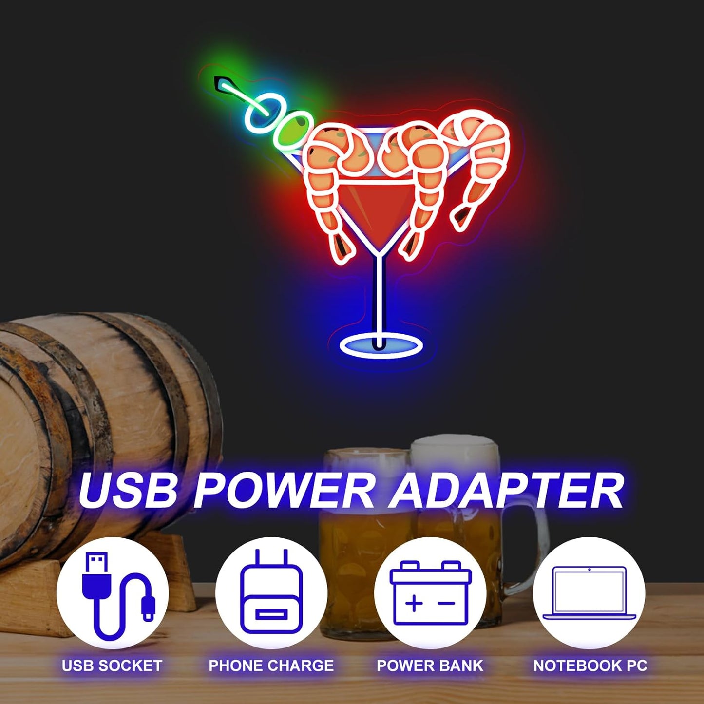 Shrimp Martini Wine Neon Sign, Martini LED Light, Home Party Wall Art, Cocktail Pub Bar Decoration, Gift for Cocktail Lover, 13"x13.8"