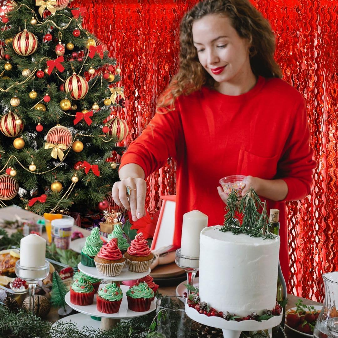 Red Streamers Wave Foil Fringe Backdrop Curtains Red Party Decorations for Graduation 2025, Birthday, Cherry Themed Party, Valentines Day, 4th of July, Anniversary Celebration, Christmas, Wedding