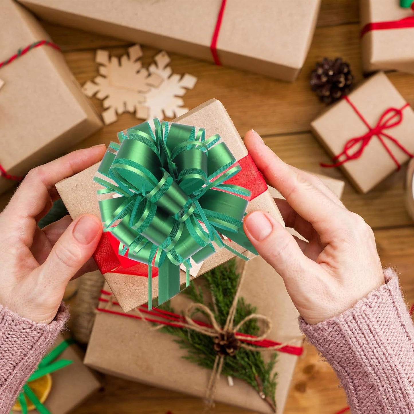 40 Pieces 6 Inches and 3 Inches Pull Bow Wrapping Pull Bow Ribbon Pull Bows for Wedding Baskets,Large Bows for Presents. (Green)