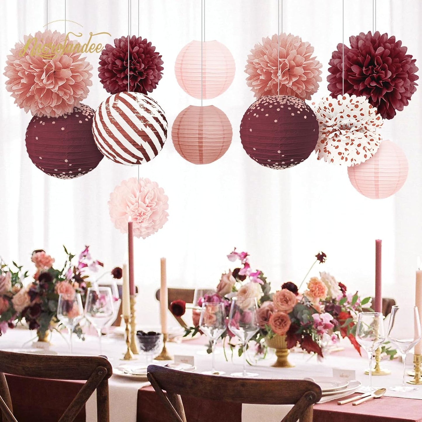 NICROLANDEE Burgundy Party Decorations 12PCS Hanging Paper Lanterns Tissue Pom Poms Decor for Retirement Party Birthday Anniversary Valentines Day Decorations