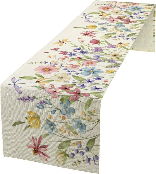 Watercolor Floral Table Runner, Colorful Spring Summer Nature Flower Dragonfly Pattern Print Table Runner for Kitchen Dinning Table Runner Decor Home Wedding Party Holiday, 13x120 Inch