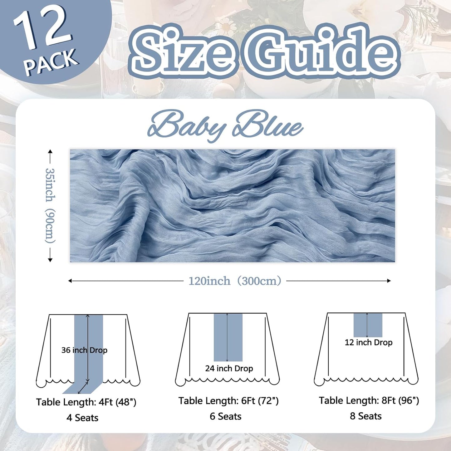 12 Pack Dusty Blue Table Runner 10ft Boho Gauze Fabric Cheesecloth Table Runner 35 x 120 Inch Rustic Sheer Runner for Wedding Decor Baby Shower Party Table Centerpiece Decorations