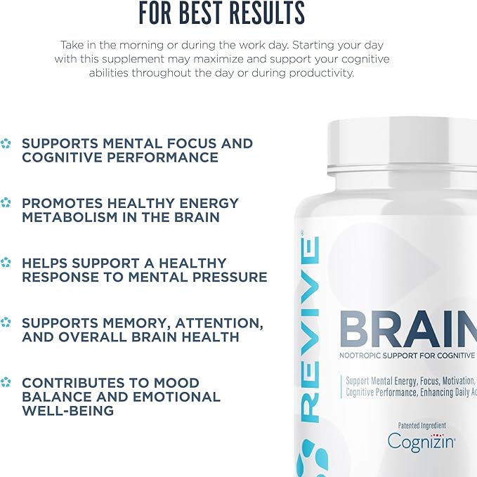 Revive MD Brain Supplements for Memory & Focus, Brain Plus - Stimulant Free Nootropic Supplement for Cognitive Health with Niacin, Vitamin B6 & B12, Acetyl-L-Carnitine HCL & Alpha-GPC- 150 Capsules