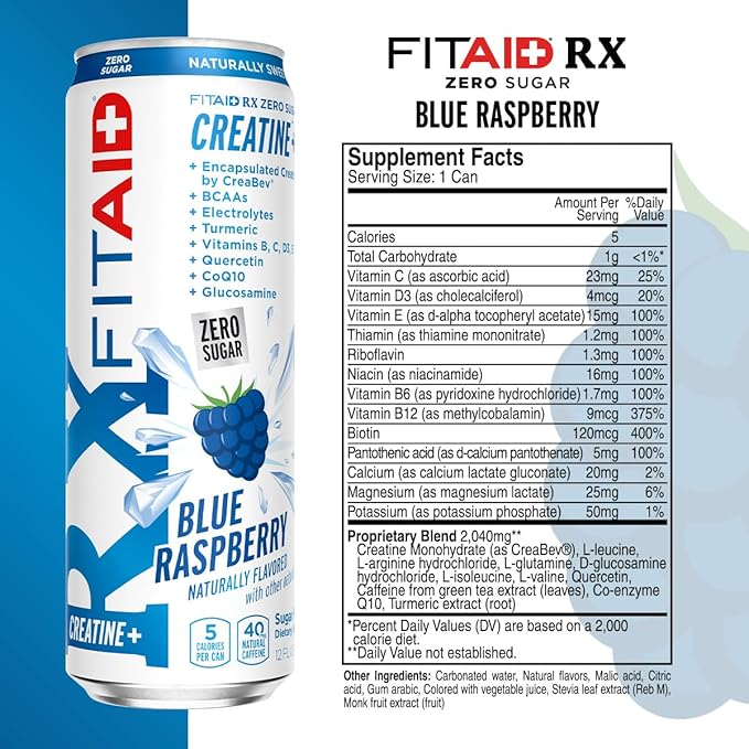 Lifeaid Fitaid Rx + Creatine Drink, Blue Raspberry, Zero Sugar, Vegan, Kosher, Keto Friendly, Gluten Free, 12 Fluid Ounce (Pack of 12)