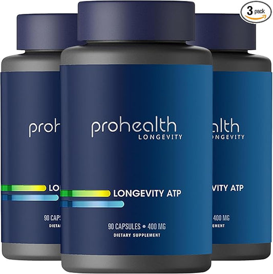 ProHealth Longevity ATP - 400 mg X 90 Servings, PeakATP Patented Pure ATP to Maintain Cellular Energy, Muscle Strength, and Cognitive Function, Supports Heart Health & Metabolic Efficiency (3 Pack)