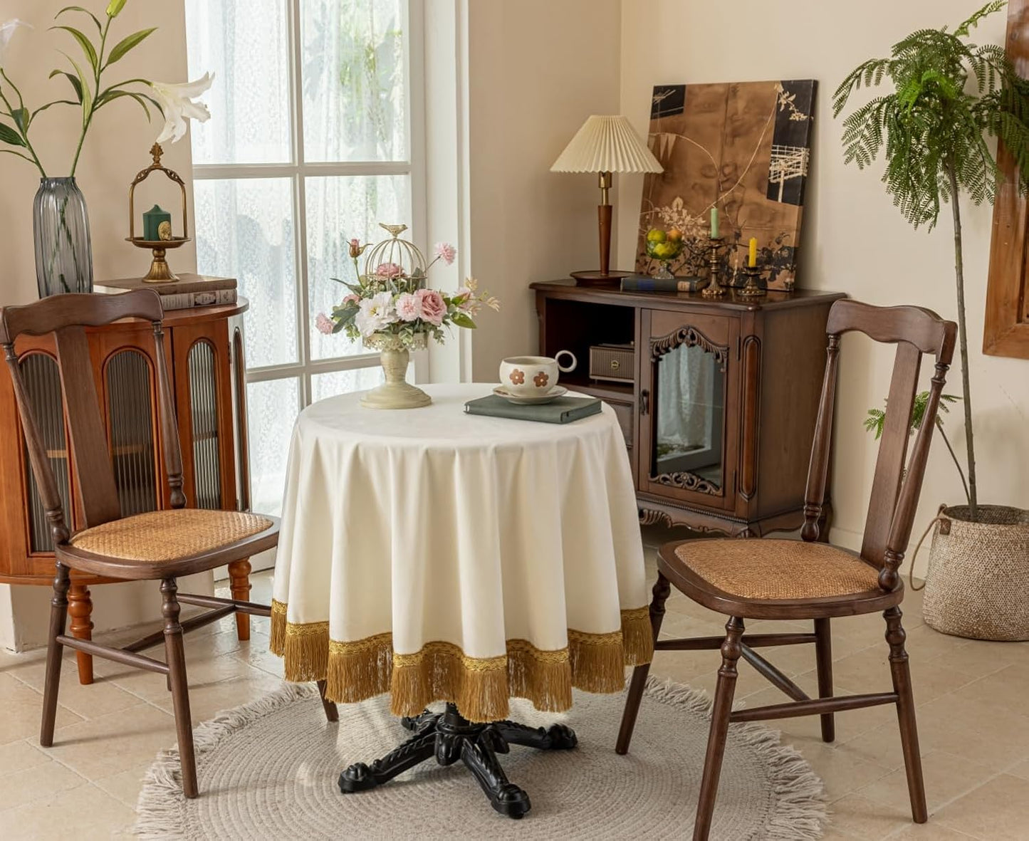 F-CHU White Tablecloth Thickset Velvet Tablecloth with Beautiful Gold Tassels Vintage Table Cloth for Home Decor Wedding, Party, Banquet and Events 48" Round