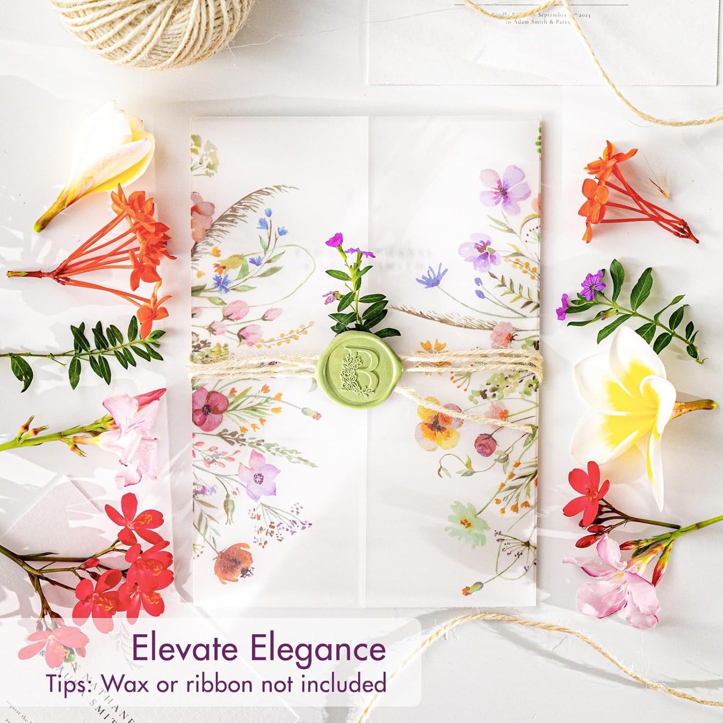 50 Pack Pre-Folded Vellum Jackets for 5x7 Invitations,AZAZA Pretty Translucent Invitation Sleeves,115GSM Vellum Jackets 5x7, Wedding Invitation Accessories,for Weddings Birthdays,Wildflowers