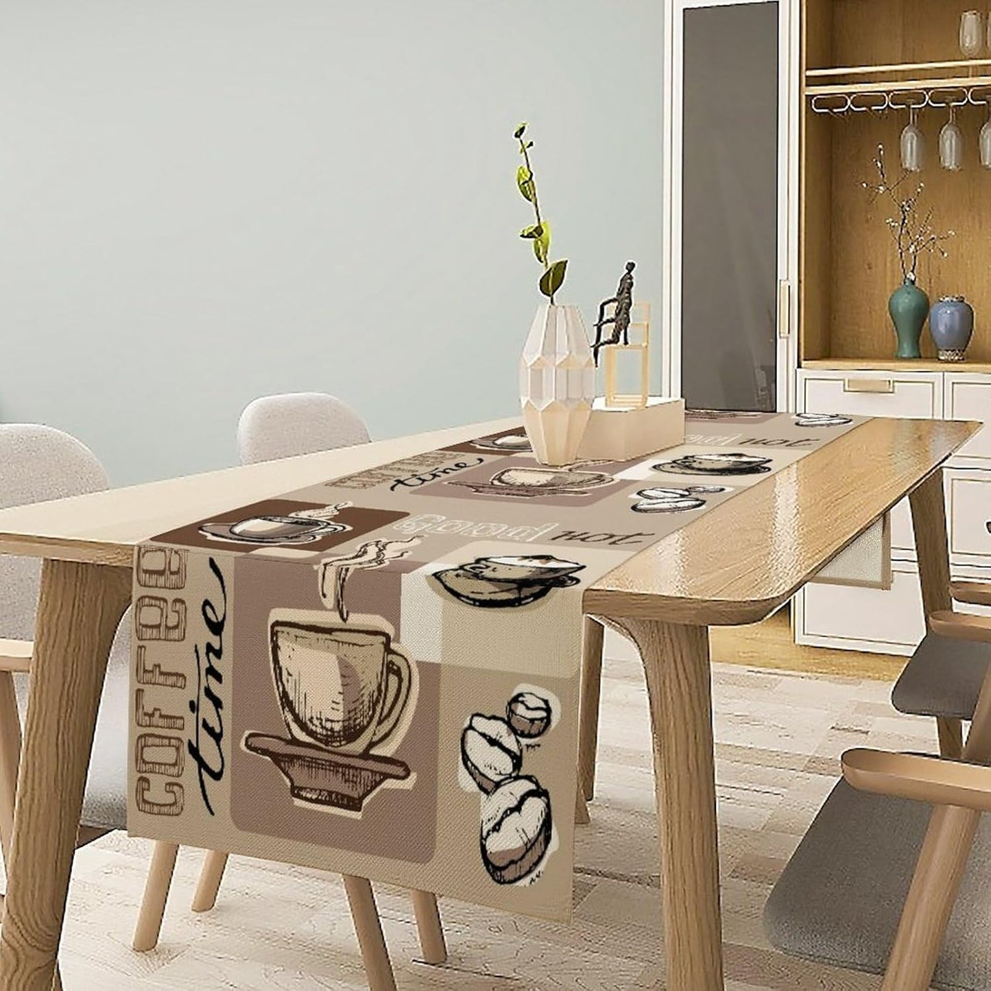 Coffee Table Runner,Vintage Style Coffee Cup Bean Abstract Theme Pattern Print Tablecloth Burlap for Hotel Indoors Outdoor Dining Room Kitchen Table Decor, 13x90in