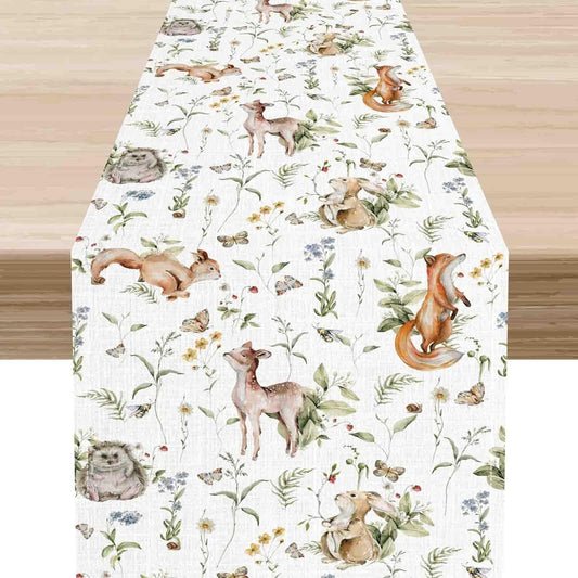 Rustic Forest Table Runner, Farmhouse Wild Woodland Animals Country Deer Fox Rabbits Watercolor Table Center Decor for Home Kitchen Dining Patio Holiday Party Outdoor Table Decorations, 13"x36" Inch