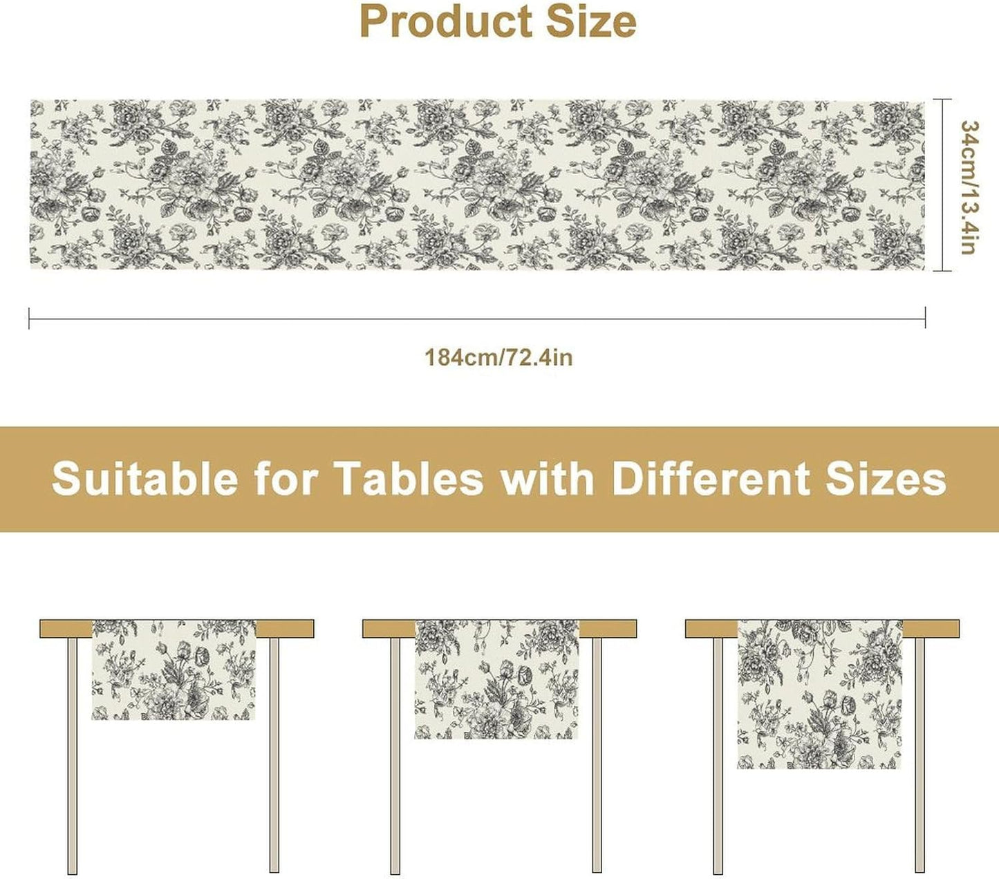 Vintage Flower Table Runner, Black White Wildfloral Floral Sketch Print Kitchen Dinning Table Runner for Indoor Outdoor Home Wedding Party Holiday, 13x108 Inch