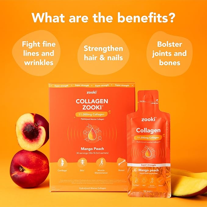Zooki Super Strength Marine Collagen Liquid Sachets 11,000mg – Great Taste, Sugar Free – Highest Strength Marine Collagen Supplements for Women & Men – Skin, Joints & Hair (Mango Peach, 30 Servings)