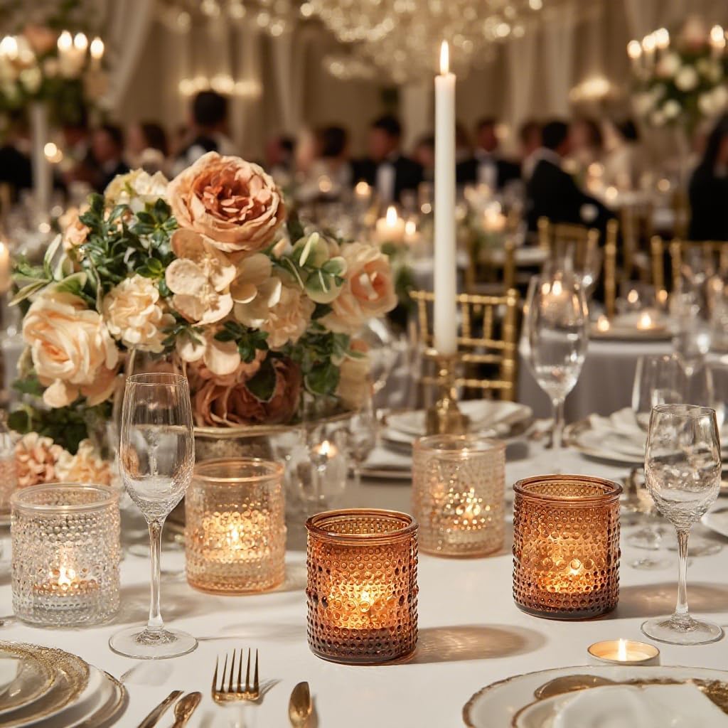 36pcs Amber Votive Candle Holders for Fall Decor, Glass Small Tea Lights Candle Holders for Table Centerpiece for Home Decor Party Fall Boho Decor (Amber)