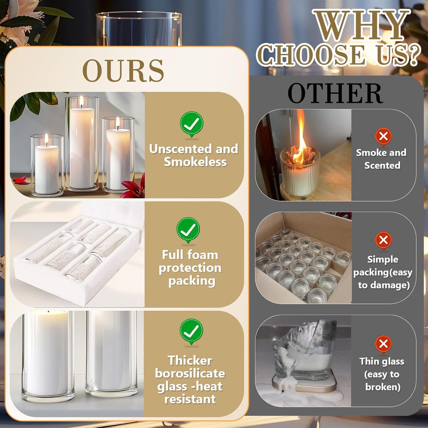 36 PCS Ivory White Pillar Candles with Glass Candle Holders Clear Hurricane Candle Holders Glass Cylinder Vases for Centerpieces Wedding Party, Event, Home Office (18 Candles+18 Candle Hoders)
