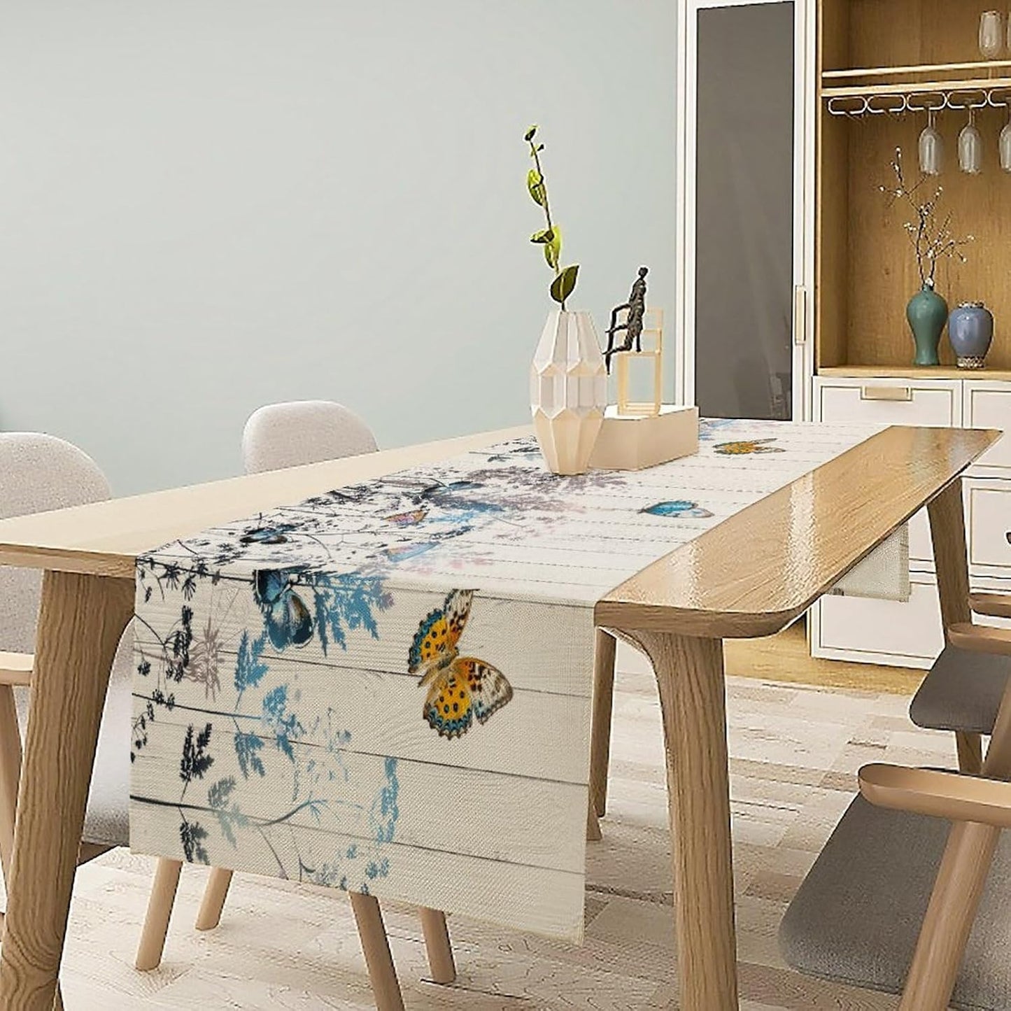 Nature Dandelion Table Runner,Rustic Floral Wood Plank Butterfly Girl Women Pattern Print Burlap Tablecloth for Hotel Indoors Outdoor Dining Room Kitchen Table Decor, 13x80in