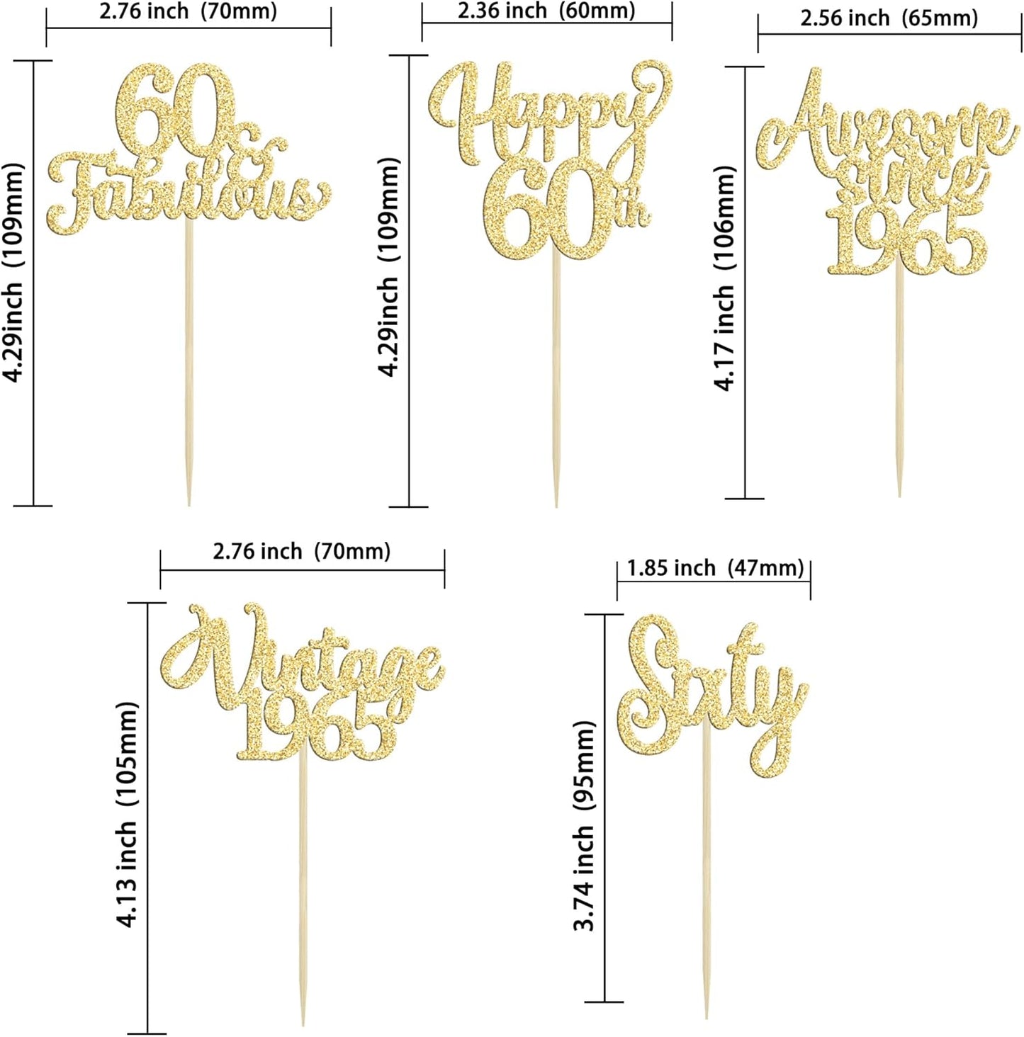 30Pcs Vintage 1965 Cupcake Toppers Glitter Sixty Happy 60th Birthday 60 Fabulous Cupcake Picks Cheers to 60 Years for 60th Birthday Wedding Anniversary Party Cake Decorations Supplies Gold