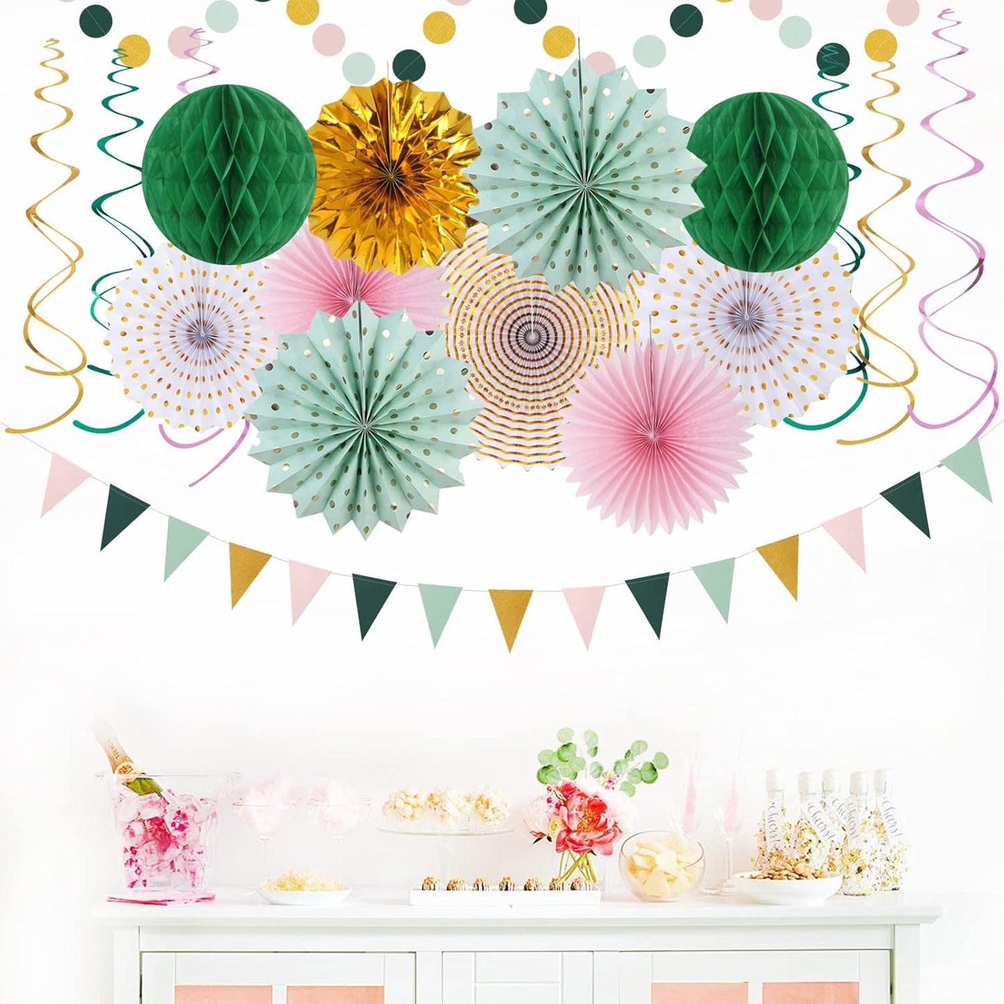 Sage-Green Pink Gold Party-Decorations - 33pcs Kits Tissue Pom Poms Honeycomb,Banner,Streamers Tassel Garland,Paper Lantern Fans, Wedding Engagement Bachelorette Birthday Baby Bridal Shower Hugtmr