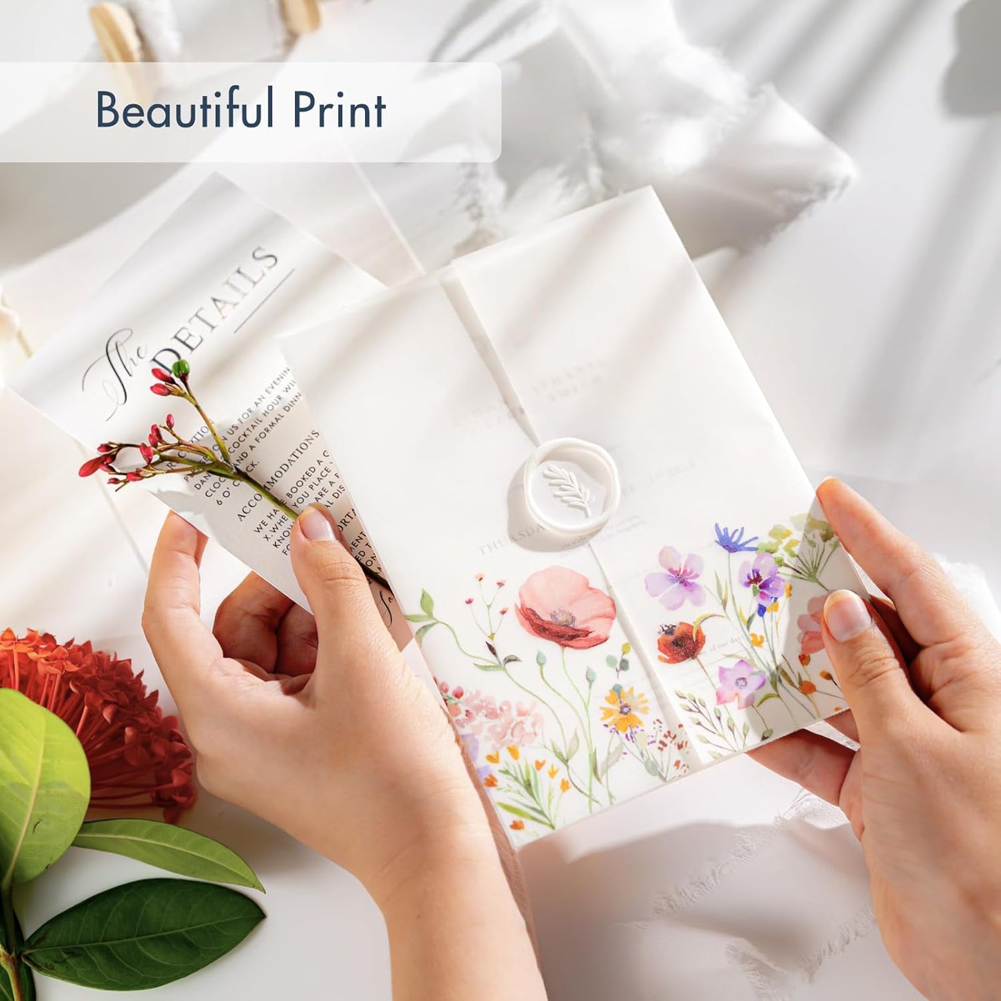 50 Pack Pre-Folded Vellum Jackets for 5x7 Invitations,AZAZA Pretty Translucent Invitation Sleeves,115GSM Vellum Jackets 5x7, Wedding Invitation AccessoriesFor, Weddings Birthdays,Wildflowers