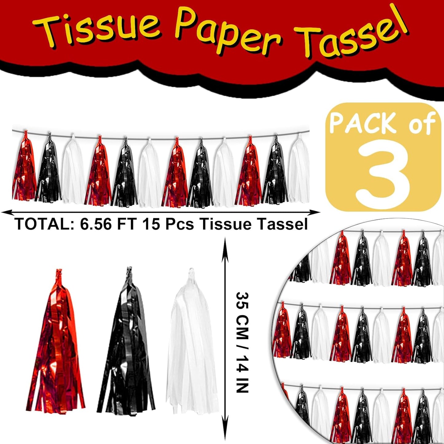 3P Black Red White Foil Fringe Tassel Banner Metallic Tinsel Streamer Garland Wall Curtain Backdrop for Parade Floats, Graduation, Halloween, Christmas, Father's Day Party Decorations