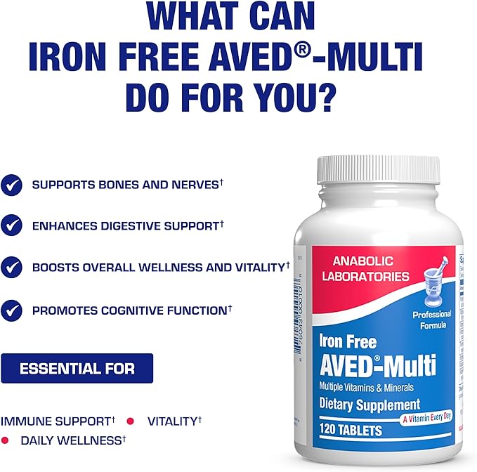 Iron Free Daily Multivitamin for Men and Women, 120 Tablets - AVED Daily Multi Vitamin and Minerals Health Supplement - Vitamins A, C, D, E, Vitamin B Complex, Zinc, Calcium, Magnesium, More