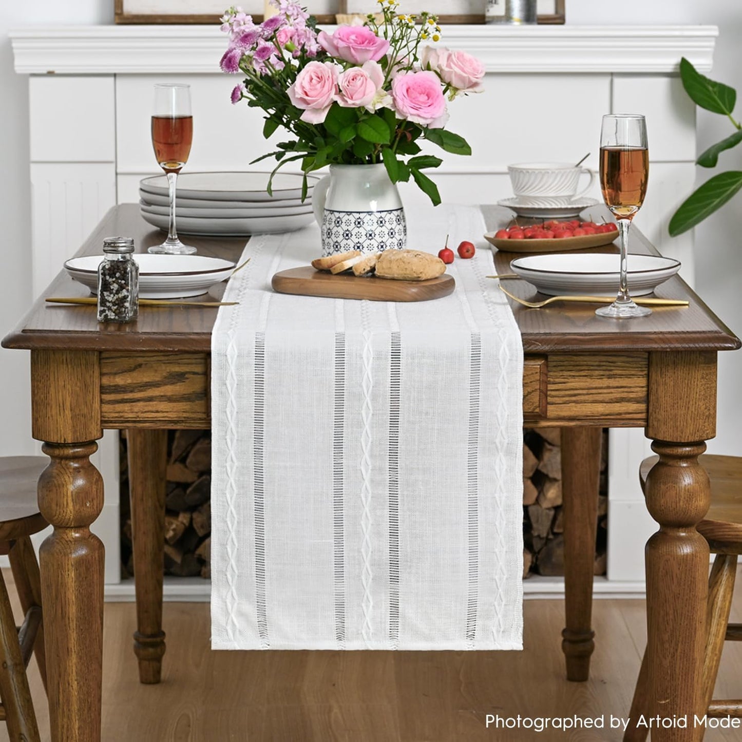 Artoid Mode Rustic Cotton Linen Table Runner, Seasonal Embroidered Hollow Kitchen Dining Table Decoration for Home Party Decor 13x108 Inch