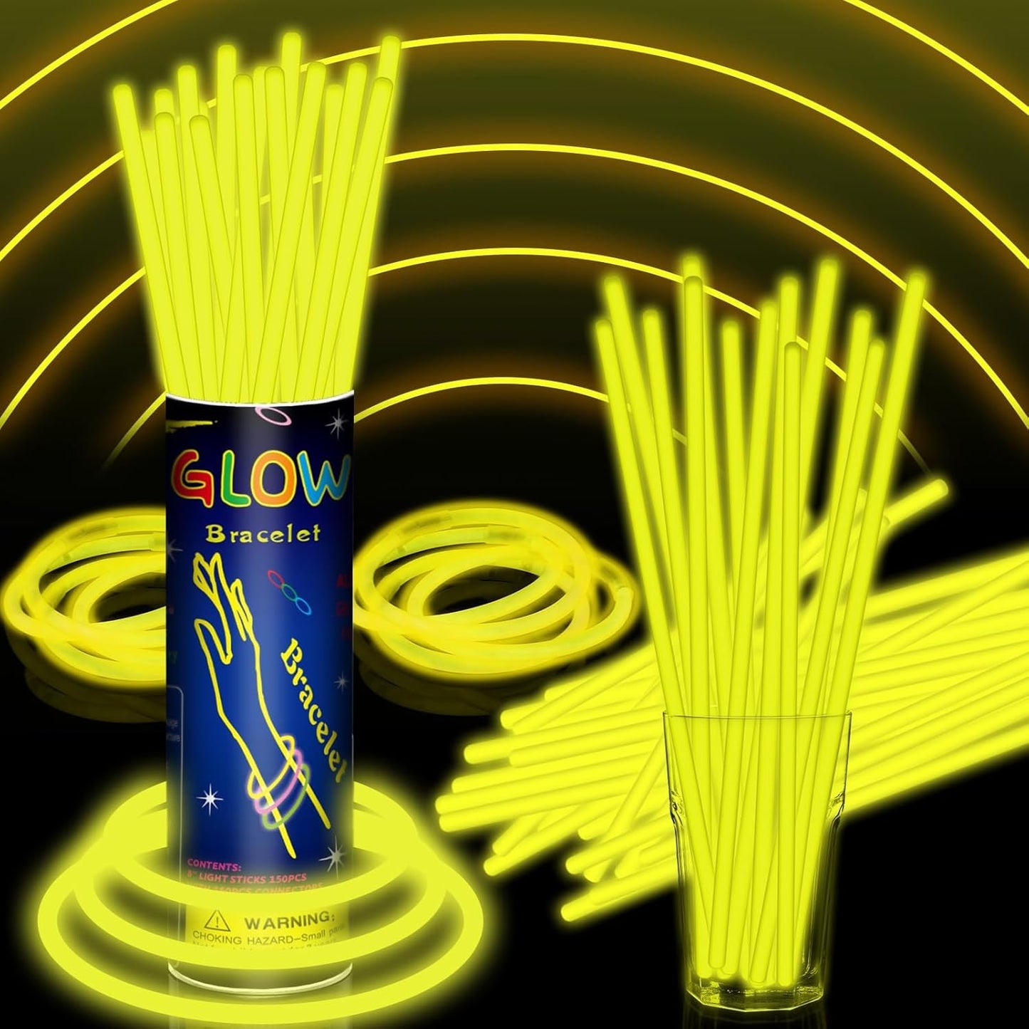 100 Pack 8” Yellow Glow Sticks Bulk with 100 Connectors Neon Glow In The Dark Party favors Supplies for Holiday Birthday Party Decoration (Yellow)