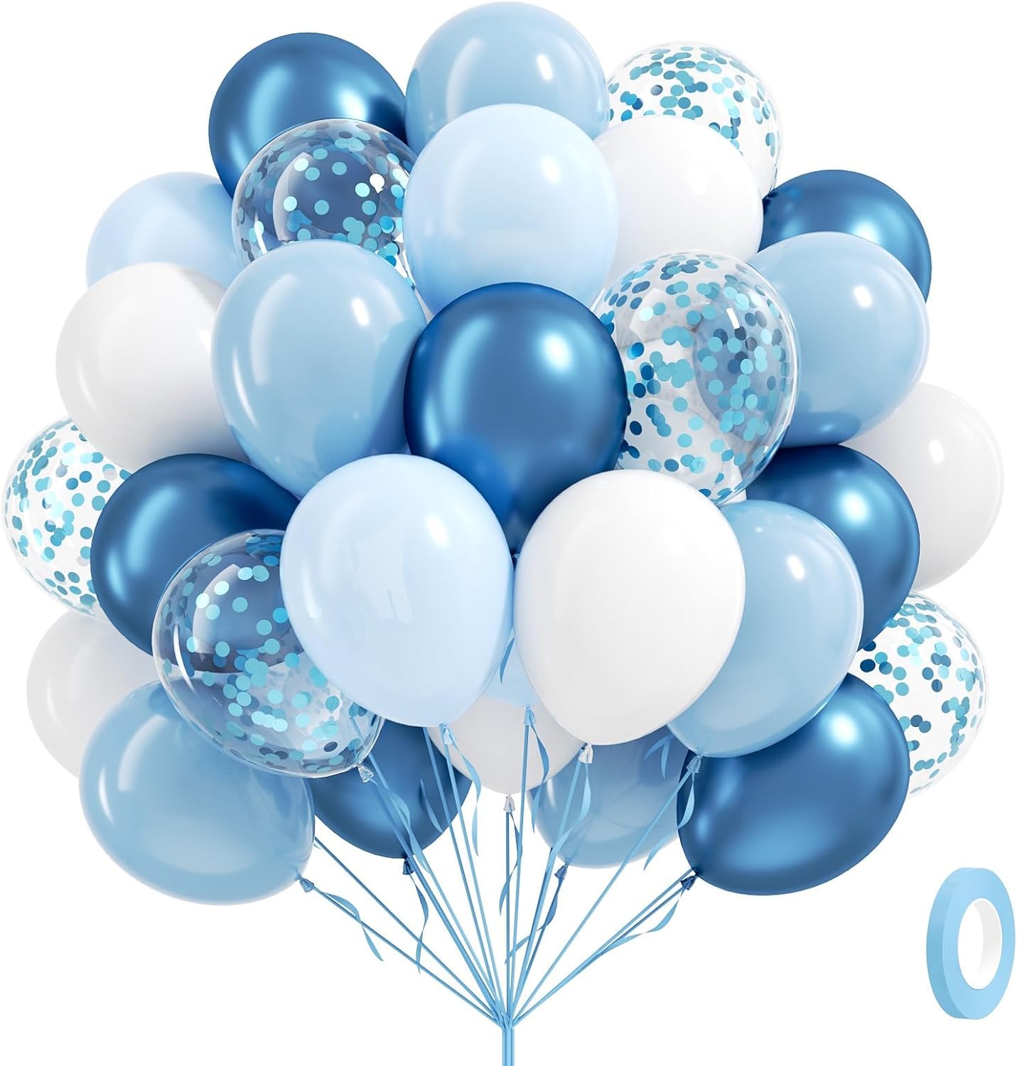 60pcs Blue and White Balloons 12inch with Pastel Pearl Light Blue Confetti White Balloons for Bridal Baby Shower Wedding Birthday Party Decorations