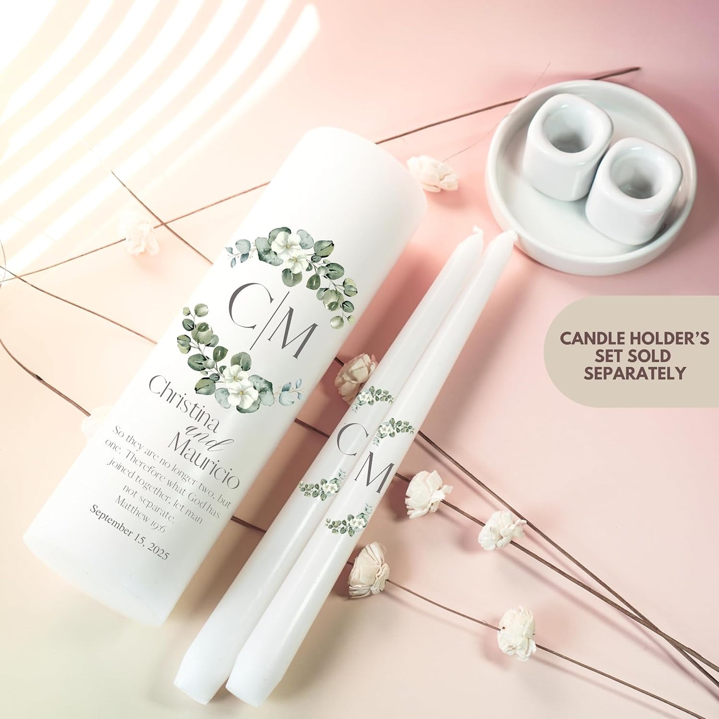 Unity Candles for Wedding, Modern Unity Set, Custom and Personalized Pillar and Taper Candles with Bible Quote, Unscented White Premium Wax, Religious and Wedding Ceremony, Special Events (Greenie)