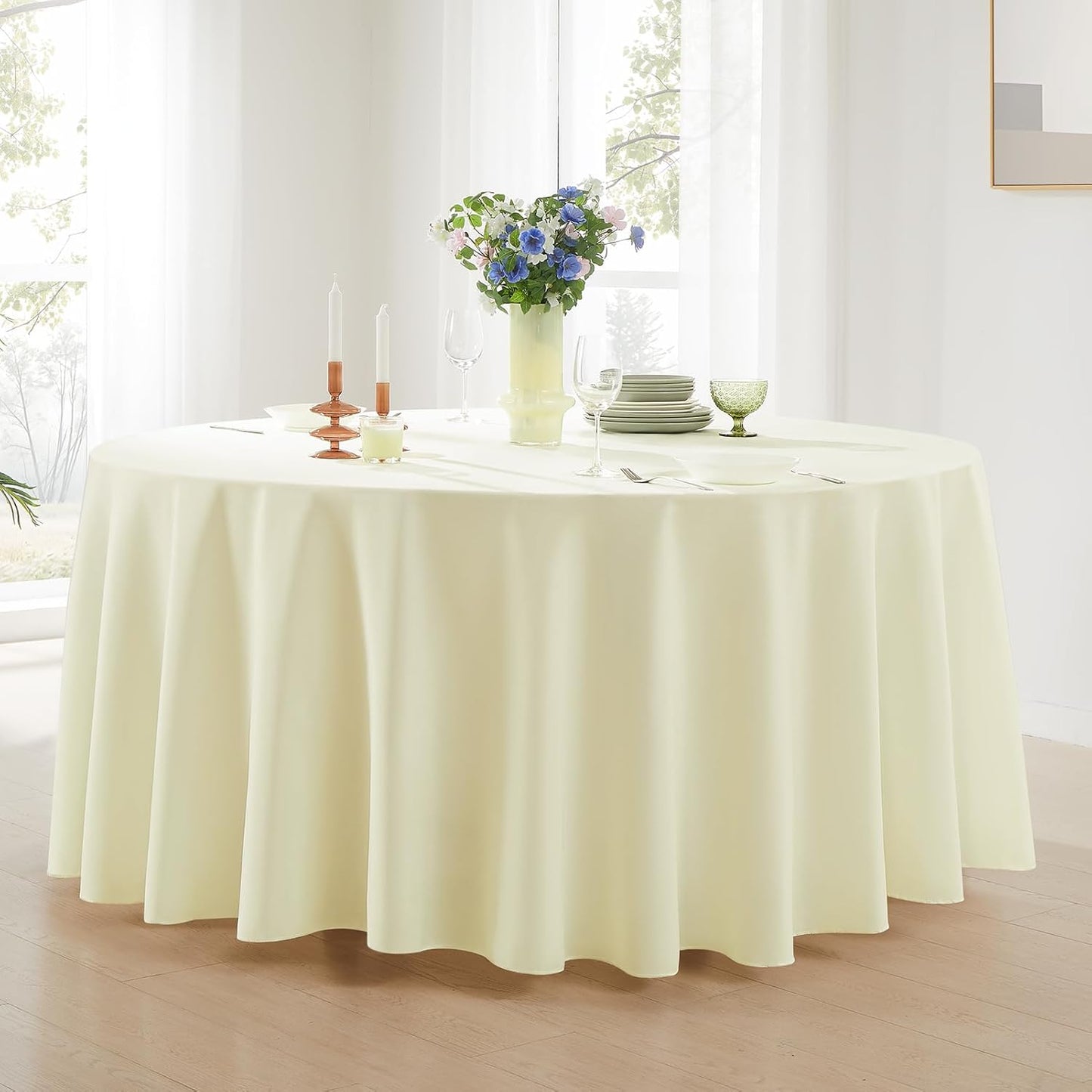 Round Tablecloth 2 Pack 108 Inch Ivory Tablecloths Washable Decorative Linen Polyester Table Clothes Cover for Dining Table Banquets Buffet Parties and Wedding