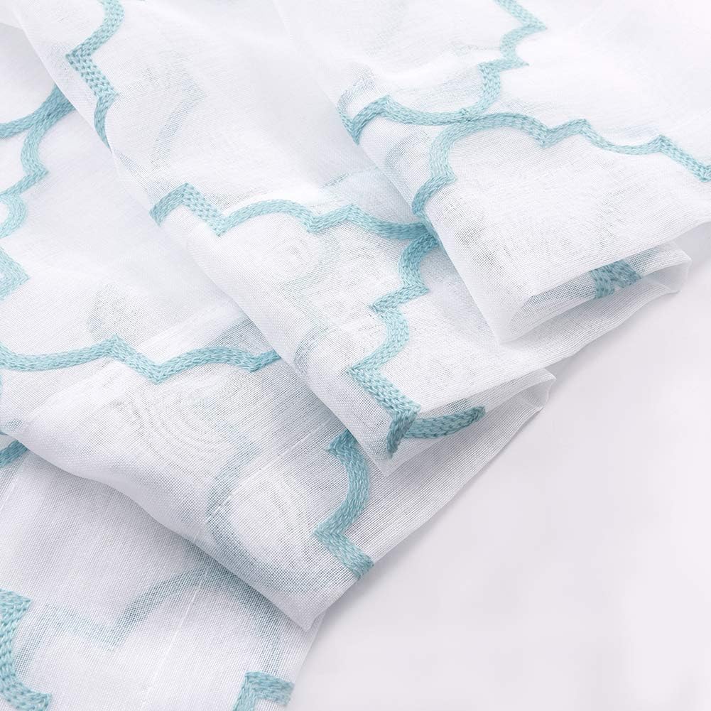 Embroidery Sheer Curtains Blue 95 Inches Long, Window Treatments Rod Pocket Drapes for Living room, Bedroom, Moroccan Design Crinkle Voile Curtain Panels for Yard, Villa, Parlor, Set of 2, 52"x 95".