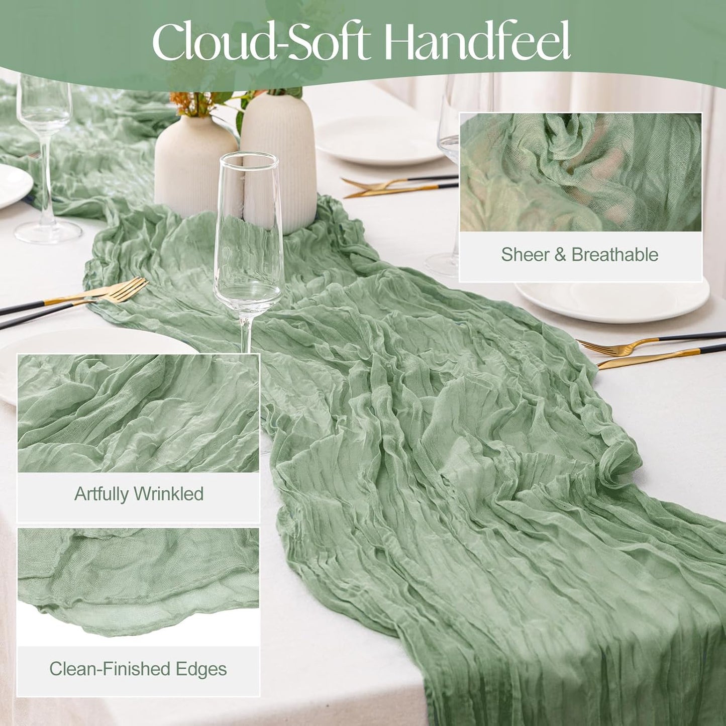 2 Pcs Sage Green Cheesecloth Table Runner - 120 inch 10FT Boho Rustic Gauze Cheese Cloth Table Runner Decor for Spring Summer Party Wedding Birthday Baby Bridal Shower Home